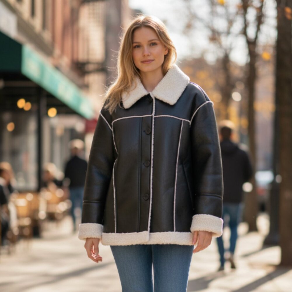 NEW ASOS 4th & Reckless leather look jacket with contrast cuff in black